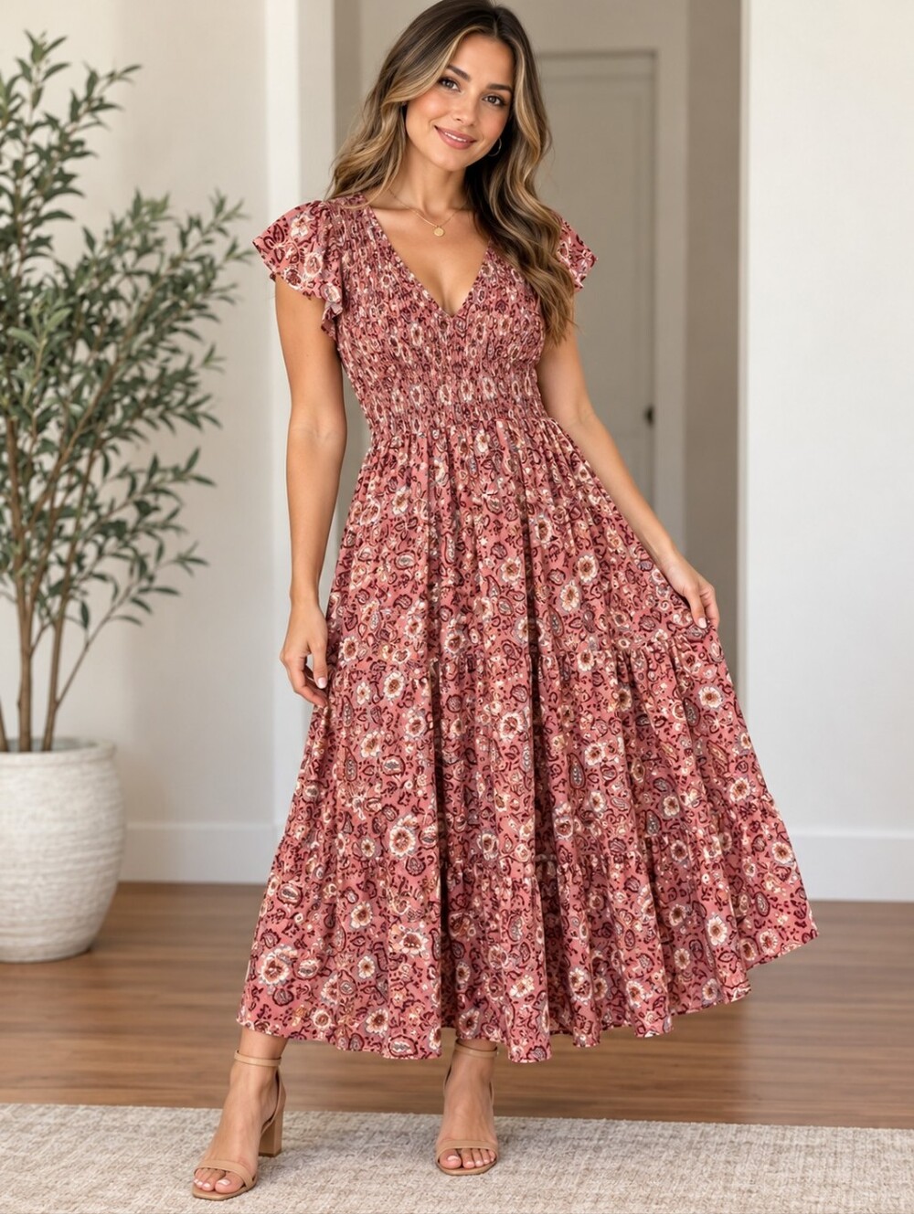 Maurices Dusty Rose Floral V-Neck Maxi Dress